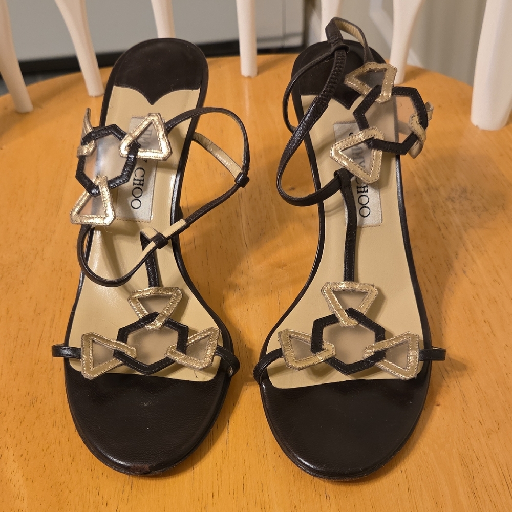 Jimmy Choo Black and Gold Strappy Heels